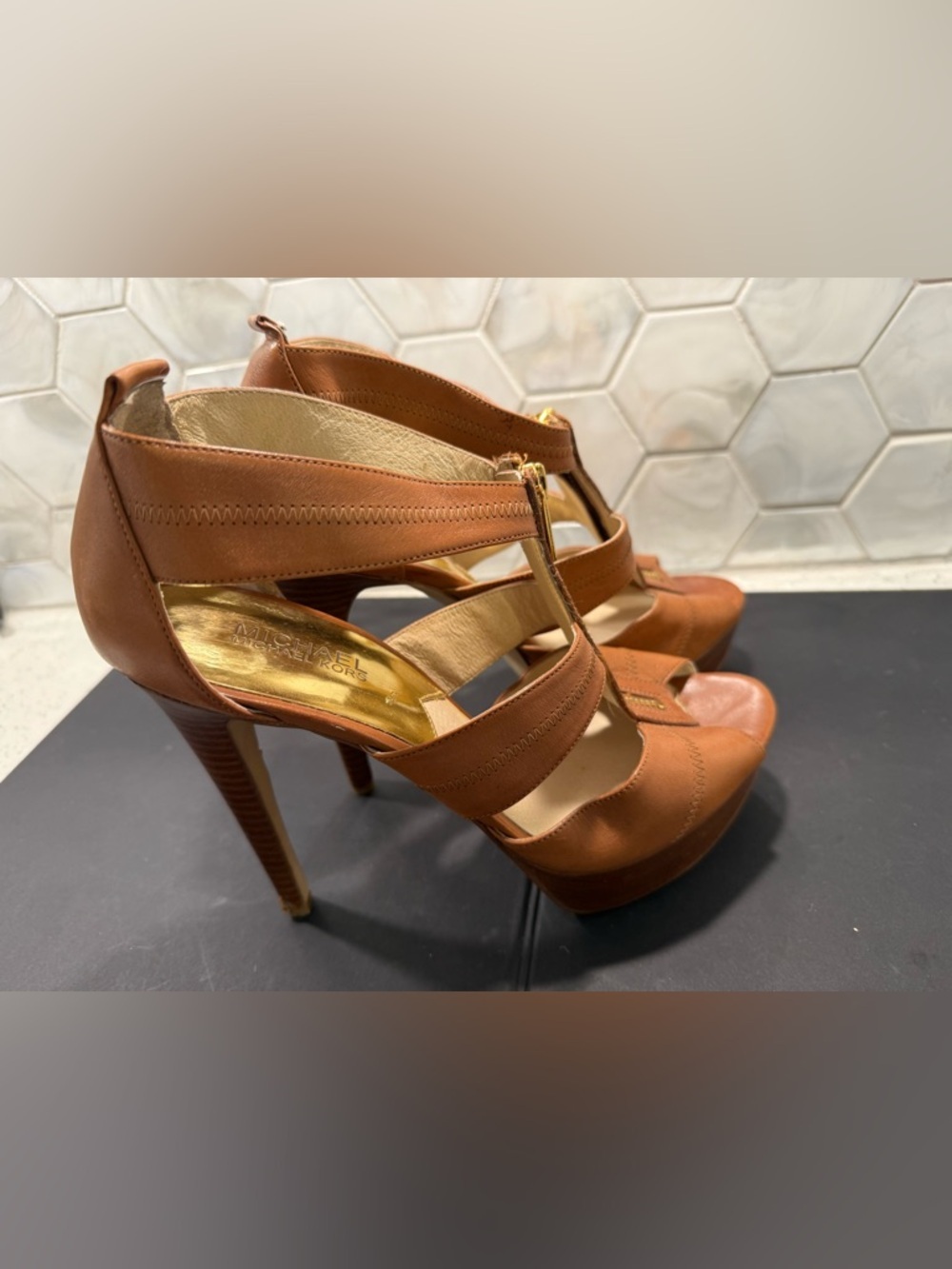 Michael Kors Berkley Platform Sandals Tan Leather Sz 10 Zipper Stiletto Heels - Picture 11 of 16